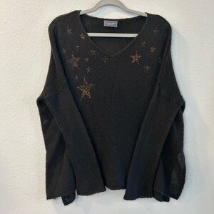 Wooden Ships Long Sleeve Black V Neck Open Knit Sweater Gold Stars X/S